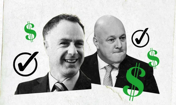 Two men in suits with dollar signs and check marks around them, on a textured background.