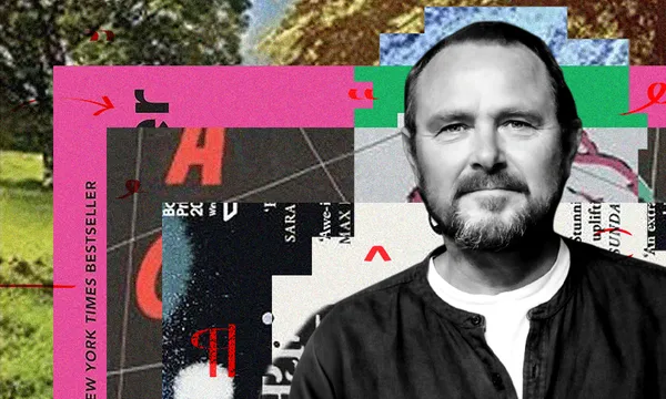 A black and white photo of the actor Stephen Lovatt with a collage of book covers behind him.