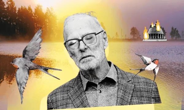 An elderly man with glasses stands before a lake at sunset, flanked by two swallows. In the distance, a domed building is on fire. Trees line the lakeshore under an orange sky.