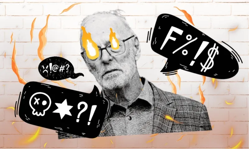 An older man with flames for eyes stands before a white brick wall. Speech bubbles with symbols and censored swearing surround him. Orange flames accent the scene.