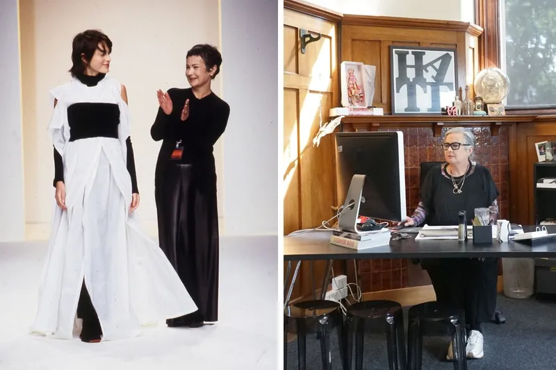 NOM*d designer Margi Robertson on the runway with a model, and at her desk in her studio