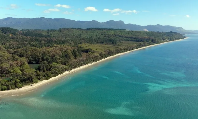 A coastal landscape with turquoise water, a sandy beach, dense green forest, and distant mountains under a mostly clear blue sky with a few scattered clouds.