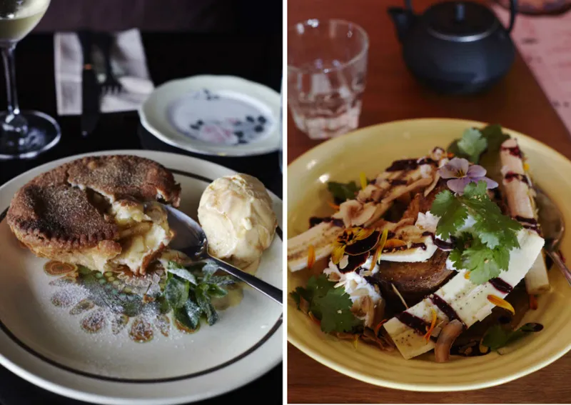 Deep-fried apple pie with dulce de leche at Siostra, left, and rum and orange-soaked brioche French toast with banana and coconut dulce de leche at Kiss Kiss. Photos: Rebecca Thomas