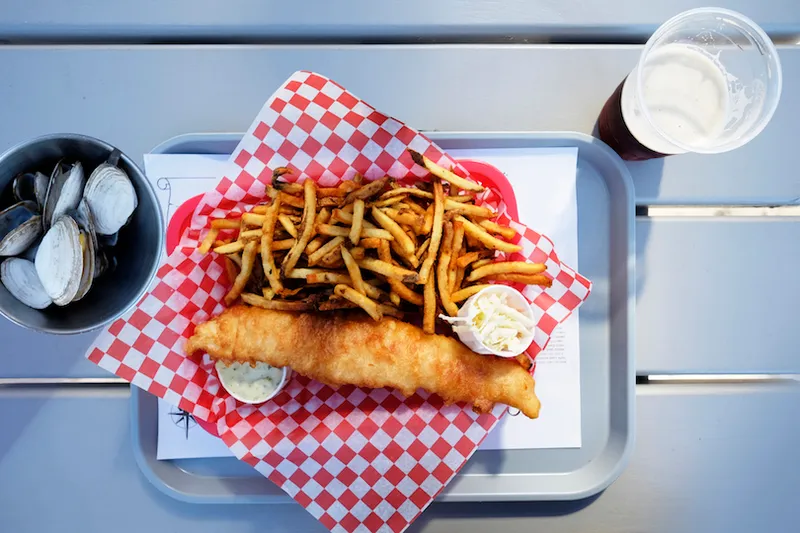 "Overhead view of fish and chips on tray with bowl of scallops, Lunenburg, Nova Scotia, Canada"