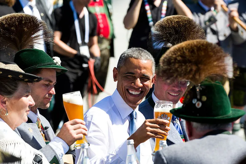 German Chancellor Angela Merkel welcomes US President Obama at the town hall of the village Kr√ºn