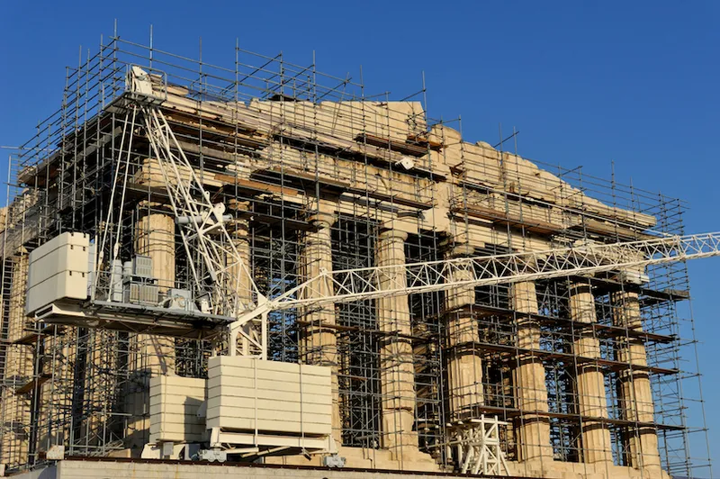 The Parthenon with scaffolding while cleaning and repair, Athens