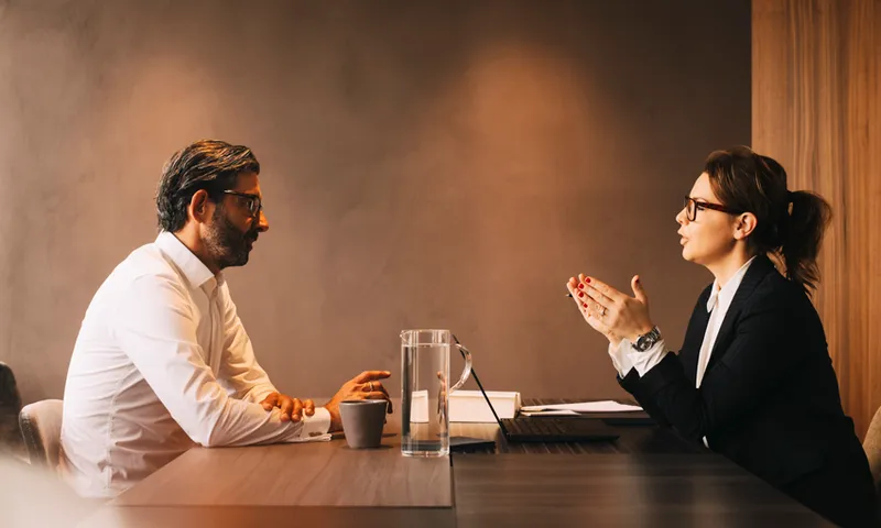 Side view of female lawyer explaining mature client in meeting at office