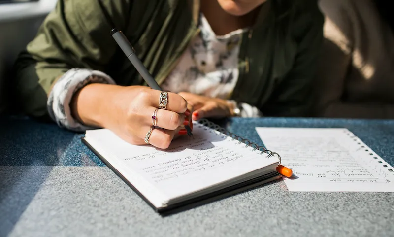 Midsection of businesswoman writing on diary in train