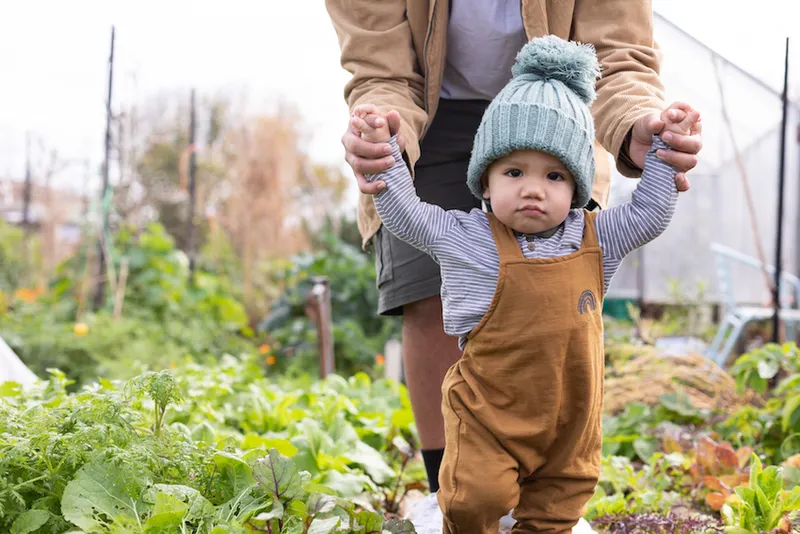 A baby in the vegetable garden with family