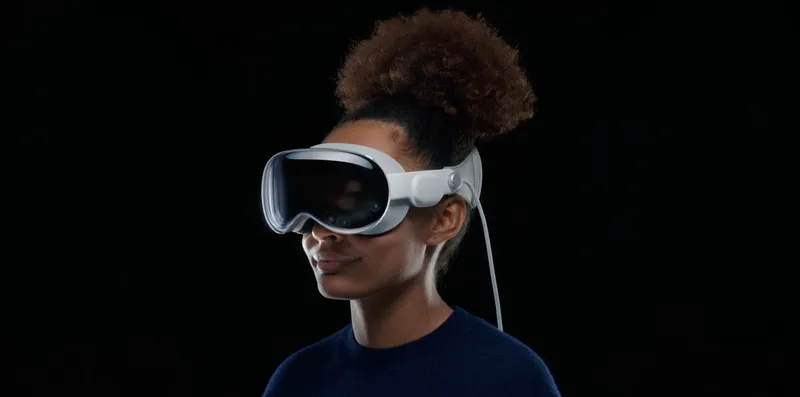 A woman wears Apple's Vision Pro headset.