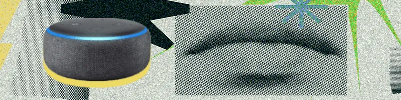 A collage-style image in green with some lips and a picture of a smart speaker.
