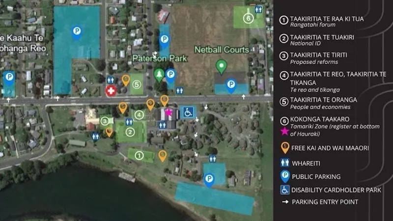 The site map for te hui aa motu which shows where the carparks are.