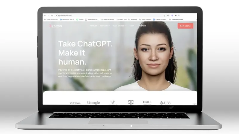A computer screens shows a digital human named Sophie in a white t-shirt on a light background. The text says 'Take Chat GPT, make it human"