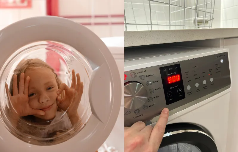 On the left, a child is playfully looking through the glass door of a washing machine. On the right, a hand is pointing at the control panel of a dryer, displaying "5:00" with various setting options visible.