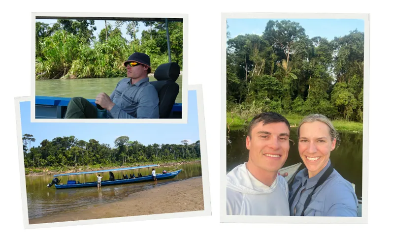 A collage of three images. In the first a man wearing sunglasses and a hat sits on a boat, looking out at the river surrounded by dense green jungle. In the second, a long blue boat is docked on the shore of a muddy riverbank, with people standing nearby. Lush rainforest trees line the background. In the third, the smiling couple takes a selfie by a calm oxbow lake, with tall green trees behind them. The man wears a white shirt, and the woman wears a light blue outdoor shirt.