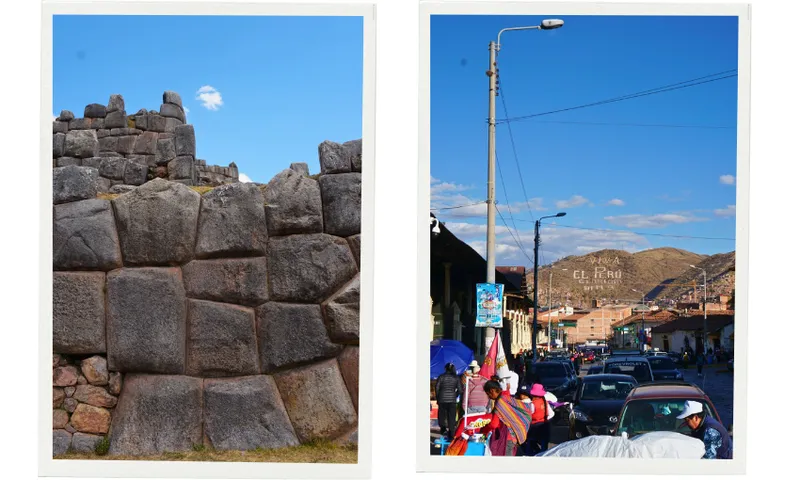 A collage of two images from Cusco, Peru. A close-up of an ancient stone wall with massive, precisely cut blocks stacked together, set against a bright blue sky with a small white cloud. A bustling street scene in Peru, with people wearing colorful clothing walking between cars and market stalls. In the background, a hillside displays the words “VIVA EL PERÚ" in white letters.
