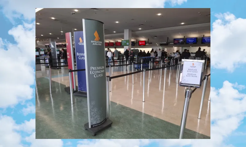 Airport check-in area with signs for different classes, including Premium Economy. The counters, each with staff and passengers, show signs for various airlines above them. The area is moderately busy with people in line.