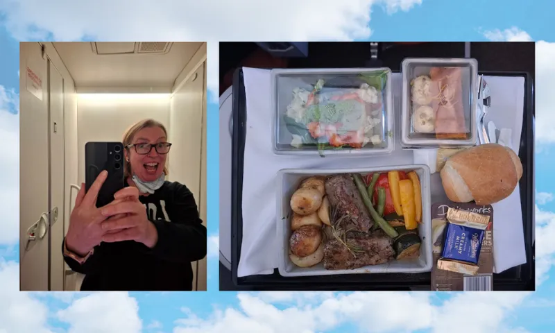 Tara Ward taking a selfie in an airplane bathroom on the left. On the right, a premium airplane meal with lamb, vegetables, salad, bread, and dessert on a tray. Background features a sky with clouds.