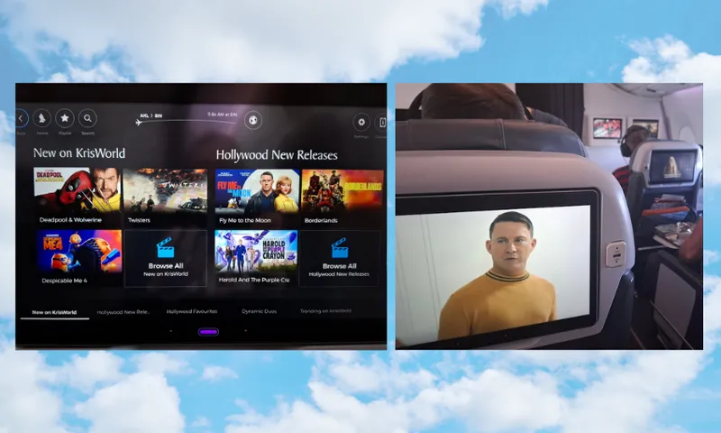 The image shows two airplane entertainment screens. The left screen displays movie selections titled "New on KrisWorld" and "Hollywood New Releases." The right screen shows a scene with Channing Tatum in a yellow shirt against a white background.