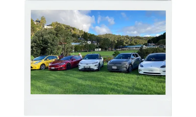A row of electric vehicles are parked on a lush patch of green grass at a car fair. The cars are yellow, red, white and gray. They are very shiny in the bright sunlight.
