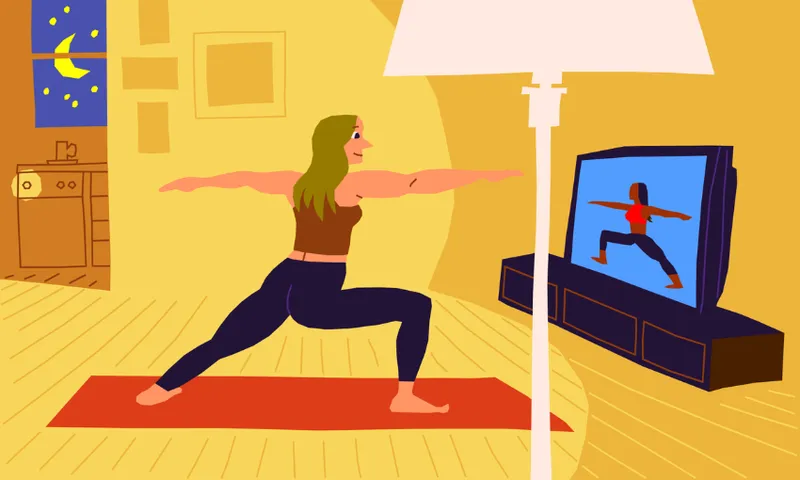 A person practices yoga in a living room at night. They are on a red mat in a warrior pose, following a yoga instructor on a TV screen. The room is warmly lit, with a window showing a moon and stars outside.