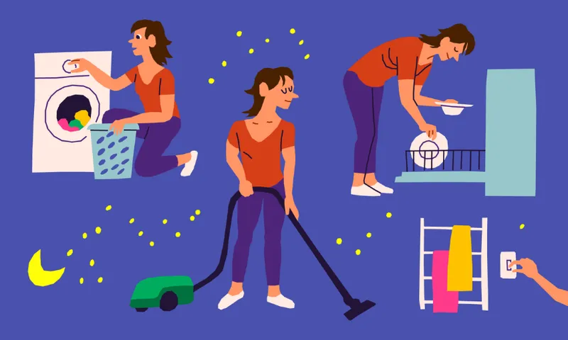 Illustration of a person in various cleaning activities: doing laundry, vacuuming, loading a dishwasher, and folding towels. The background is blue with small yellow stars and crescent moons scattered around.