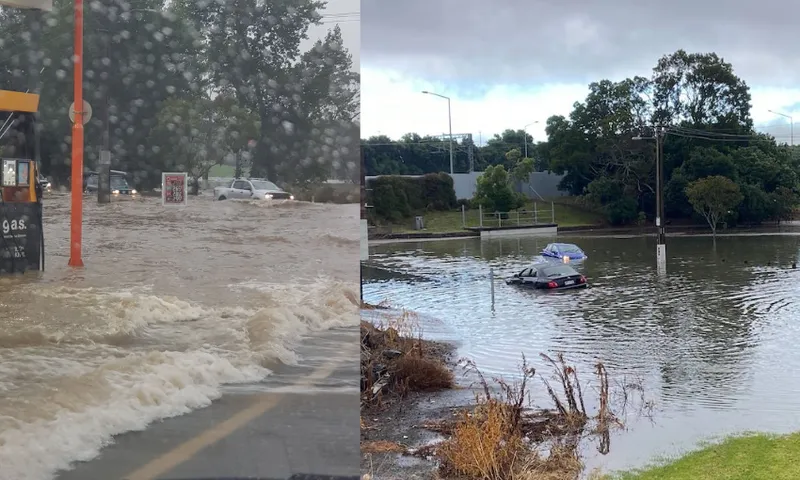 Side-by-side images show severe flooding: the left features cars navigating deep water near a gas station, and the right shows a car partially submerged in a flooded street with an umbrella on its roof. Trees and cloudy skies are in the background.