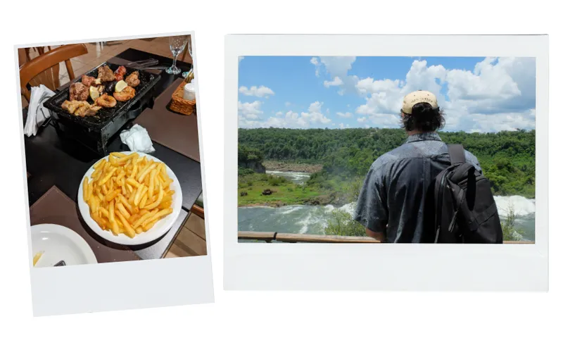 Left photo: A sizzling platter of grilled meat with a side of French fries on a restaurant table. Right photo: A person wearing a cap and backpack looks at a scenic view of a lush green landscape and waterfalls under a blue sky.