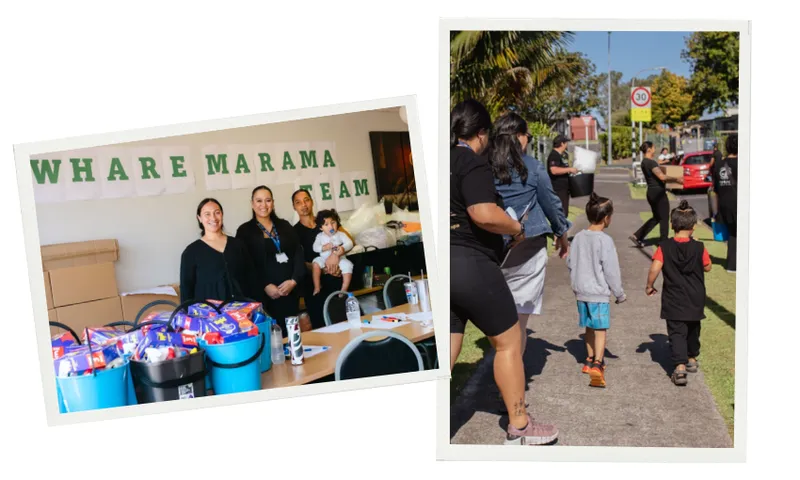 Left: Two women and a child stand near a table with blue buckets filled with snacks. "WHARE MARAMA TEAM" is on the wall. Right: A group of adults and children walk down a sunny sidewalk, some carrying bags.
