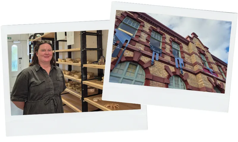 A woman stands smiling beside shelves filled with pottery items; next to her, an angled photo shows the exterior of a tall red and yellow brick building with arched windows under a cloudy sky.