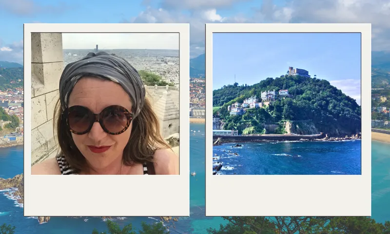 A collage with two polaroid-style photos: one shows a woman in sunglasses and a headscarf smiling; the other shows a green hill with buildings by the ocean under a clear blue sky.