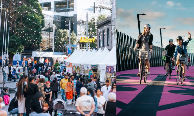 Two images. The one one the left shows a street festival in Auckland with a row of white tents, many families walking around and enjoying the day. One stall has a neon yellow sign that says 'Māori'. On the right there's a photo that shows a family of three biking on Auckland's pink path. The mom and dad are smiling at the camera and their young son waves, it's a sunny day.