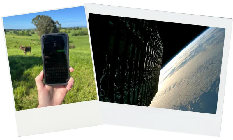 A hand holds a phone in a sunny green field with cows; next to it, an image shows satellites in space above Earth's curved horizon, both in Polaroid-style frames.