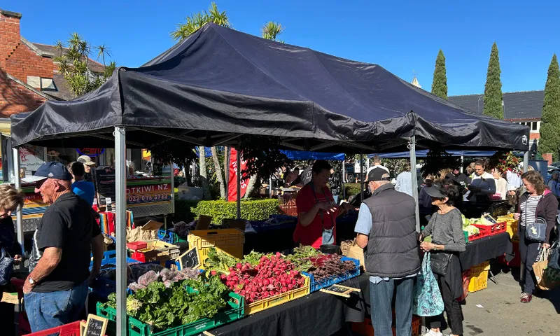 People shop for fresh produce at an outdoor market stall under a large black canopy on a sunny day. Various vegetables and fruits are displayed in crates on the tables, and trees and buildings are visible in the background.