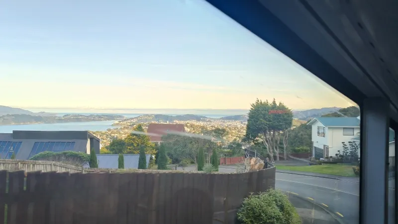 A scenic suburban neighborhood with houses, trees, and a winding road, overlooking a distant city and calm blue water under a clear sky, viewed through a window.