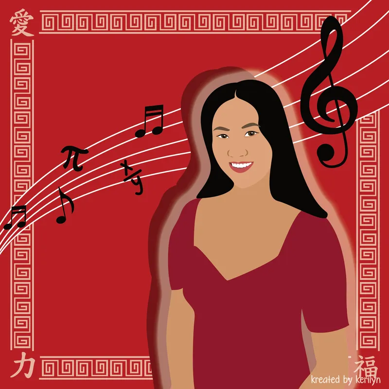 A digital illustration of a smiling woman with long dark hair on a red background, decorated with musical notes, a treble clef, and Chinese characters. Decorative borders and the text "kreated by keriyn" appear in the corners.