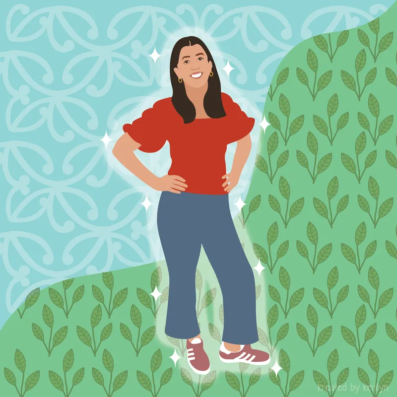 Illustration of a smiling woman with long dark hair, wearing a red shirt, blue pants, and red sneakers, standing on grass with leaf patterns and a blue floral background. Sparkles surround her outline.