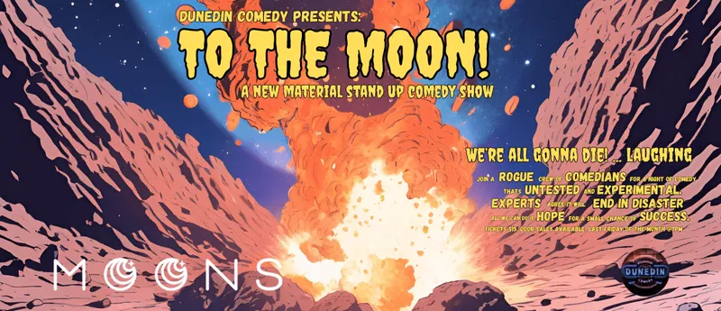 illustraion in the style of a pulp book cover showing an explosion. Has the words "To the Moon! - New Material Night"