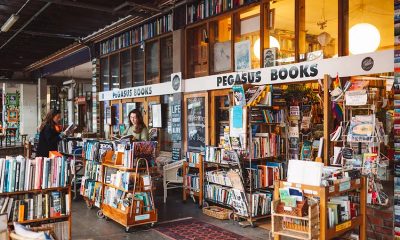 A cozy bookstore called Pegasus Books has bookshelves and carts filled with colorful books outside. Two people browse among the selections, and large windows reveal even more books inside the warm, inviting shop.