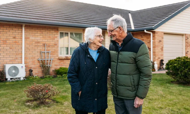 An elderly couple stands smiling and embracing outside a brick house, both wearing winter jackets. The lawn is green, and the house features a garage and a window.