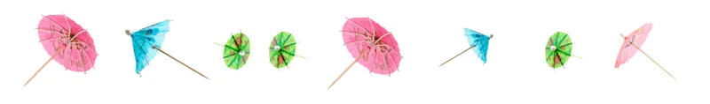 A row of colorful paper cocktail umbrellas in pink, blue, and green, arranged in a line on a white background, each opened to varying degrees.