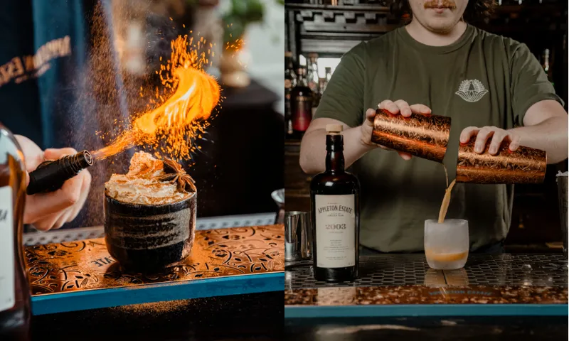 A bartender torches a cocktail, creating a burst of flames and sparks, while in the second scene, another bartender pours a drink from a shaker into a glass beside a bottle of Kingston 62 rum on the bar.