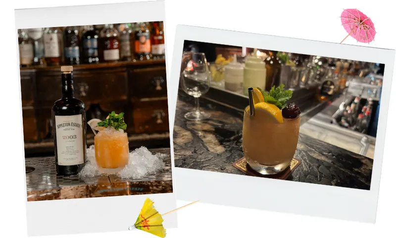 Two Polaroid-style photos of rum cocktails on bar counters. One shows a dark bottle of Appleton Estate rum beside a mint-garnished drink; the other features a citrus-garnished cocktail. Decorative paper umbrellas embellish the image.