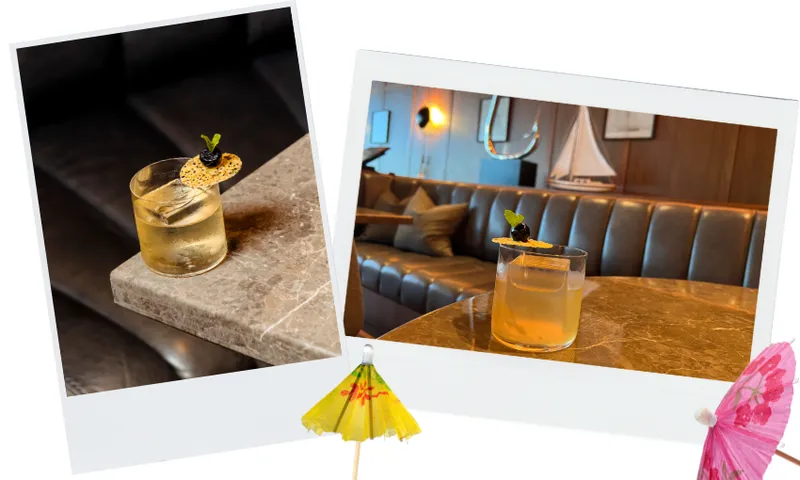 Two photos of a yellow cocktail in a clear glass garnished with a leaf and a round crisp; both drinks are set on marble tables in stylish, modern interiors with plush seating. Decorative drink umbrellas are also shown.