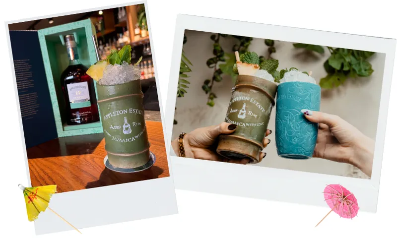Two photos of tropical rum cocktails: one with a green Appleton Estate mug beside a rum bottle, the other with two hands clinking a green Appleton mug and a blue patterned mug, both decorated with mint and fruit. Umbrellas decorate the image corners.