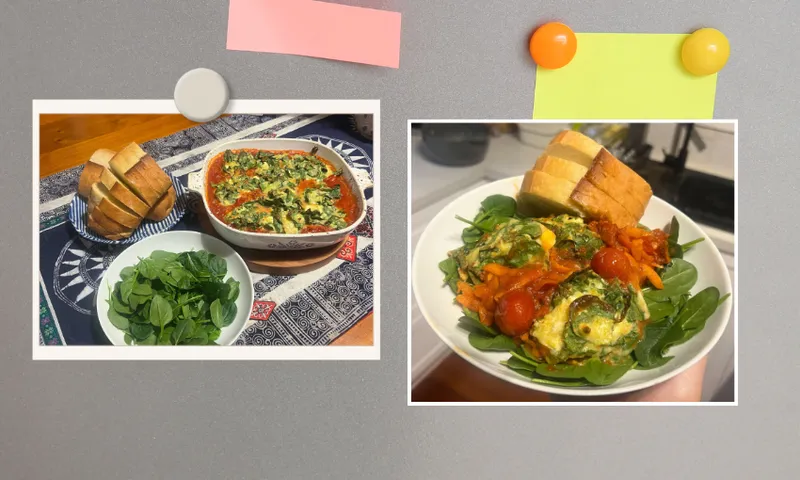 Two photos on a metallic surface: one shows a dish of baked eggs with tomatoes and greens, a bowl of spinach, and bread slices; the other displays a serving of the dish on spinach with two bread slices. Colorful sticky notes above.