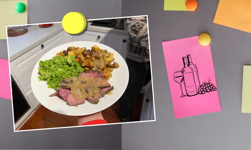 A person holds a plate of sliced beef with gravy, roasted potatoes, and green vegetables. The photo is overlaid on a gray board with colorful sticky notes and a wine bottle illustration.