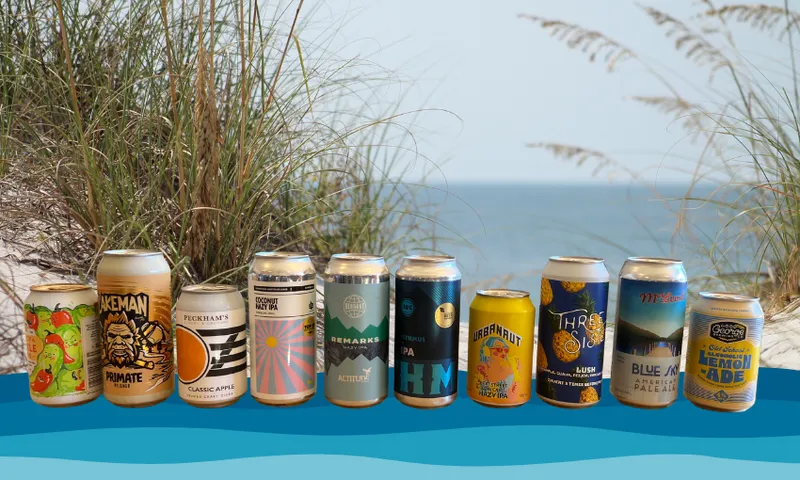 Ten colourful beer cans are shown collaged over an image of a beach with white sand, blue water and green dune grasses.