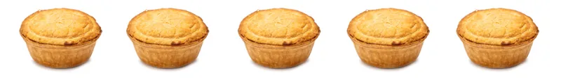Five golden-brown meat pies are arranged in a row on a white background, each with a crimped crust and slightly domed top.