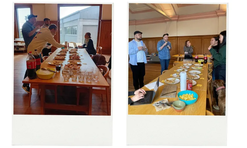 Two photos of people gathered around tables filled with various dishes, drinks, and snacks in a wooden-paneled room, engaging in conversation and preparing to eat together.